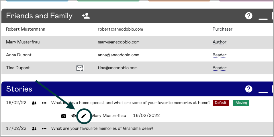Select the prompt you want to start writing about in the Anecdobio dashboard