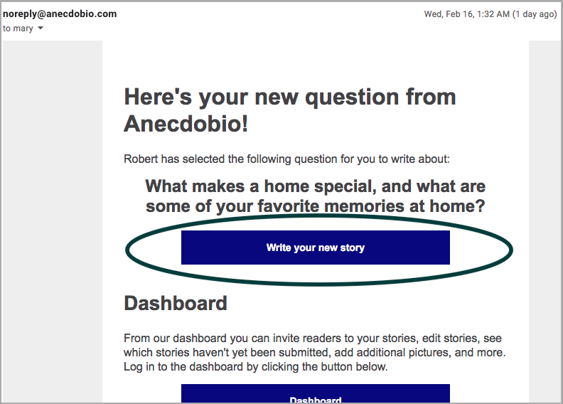 Start writing a story directly from the Anecdobio email link