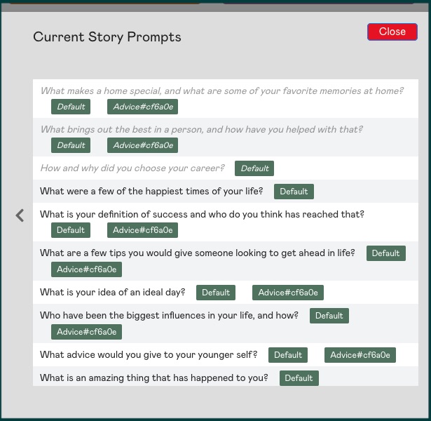 The Current Story Prompts pane in Anecdobio